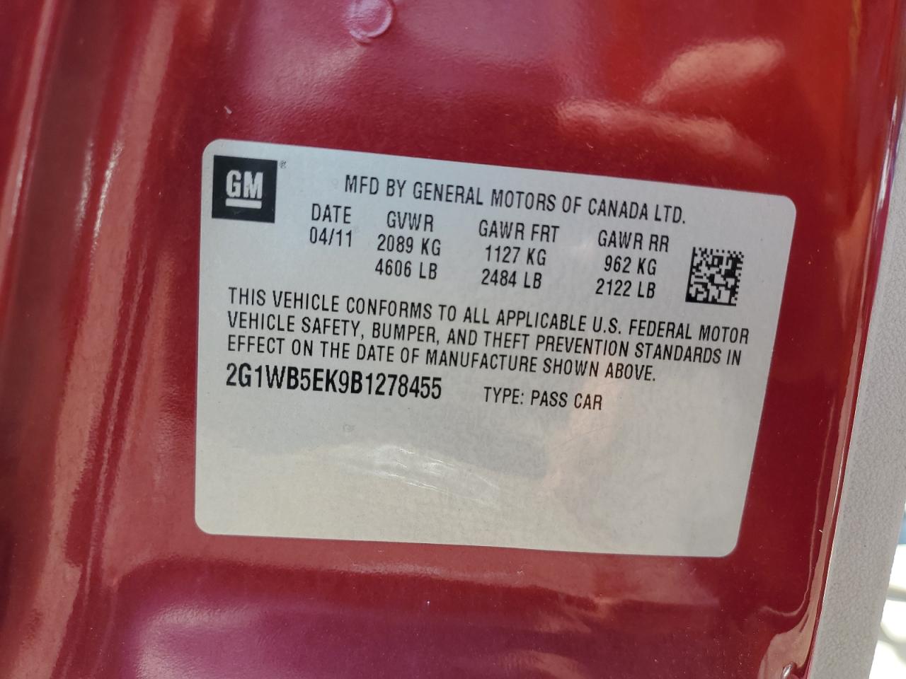 2G1WB5EK9B1278455 2011 Chevrolet Impala Lt