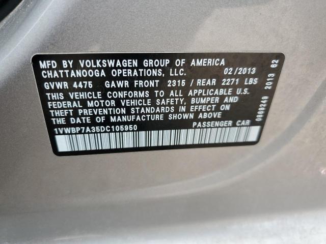 2013 Volkswagen Passat Se VIN: 1VWBP7A35DC105950 Lot: 59841594