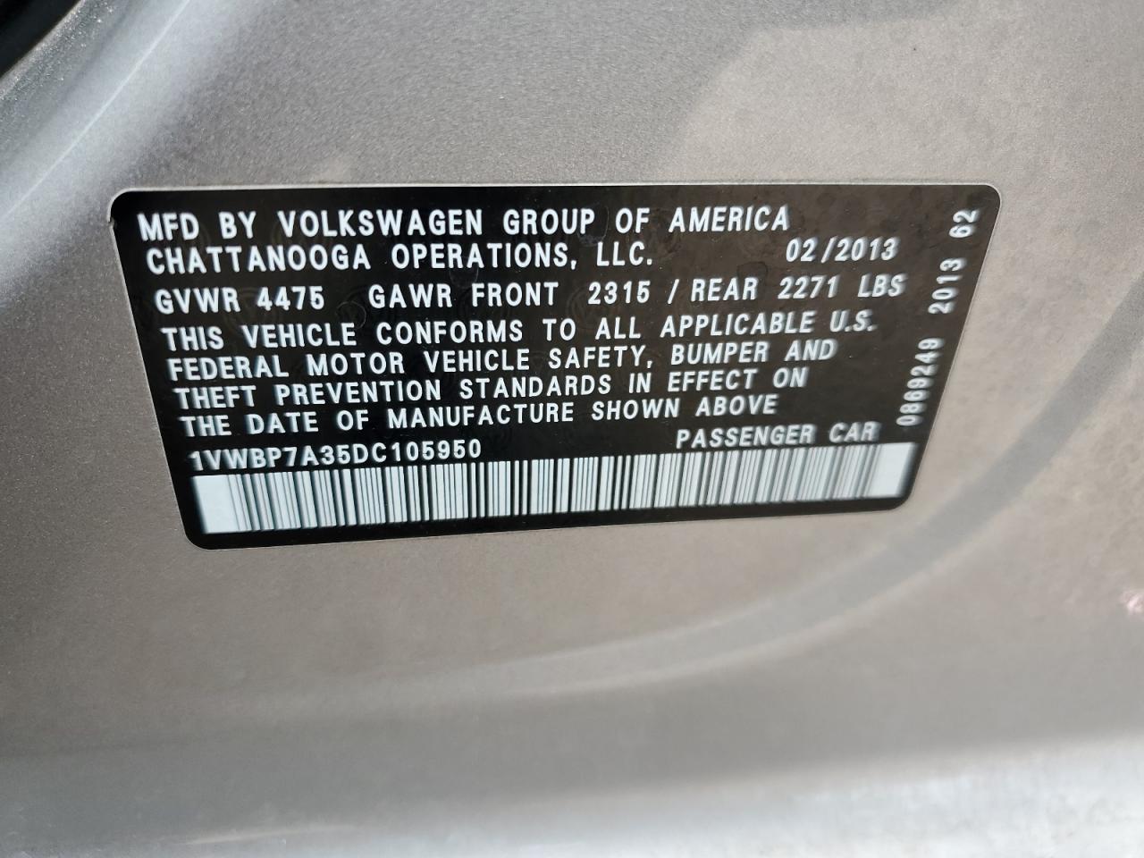 1VWBP7A35DC105950 2013 Volkswagen Passat Se
