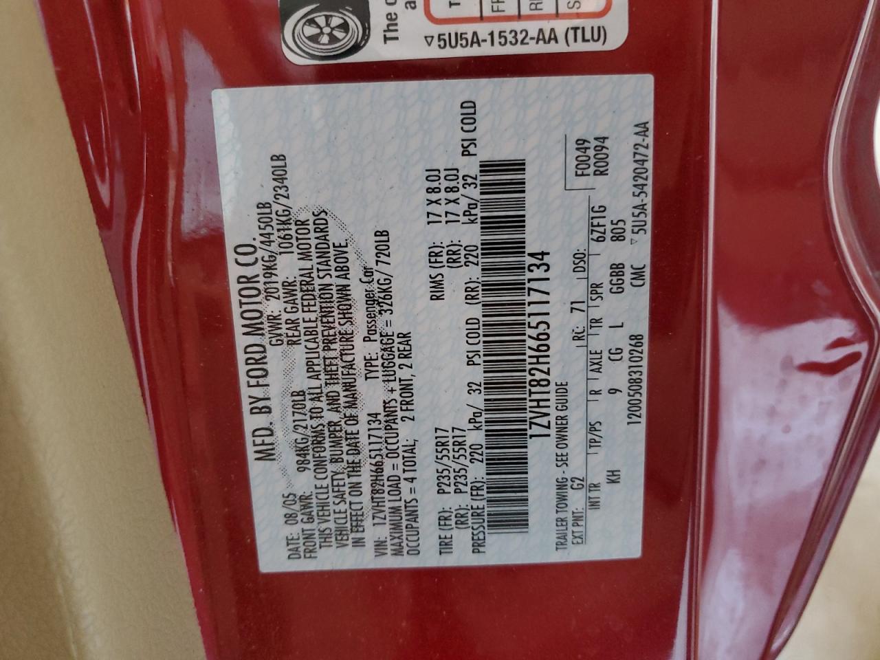 1ZVHT82H665117134 2006 Ford Mustang Gt