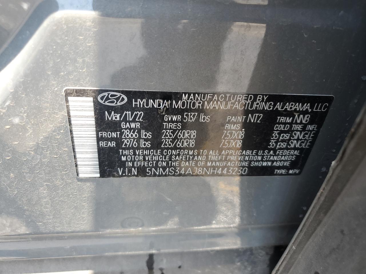 5NMS34AJ8NH443230 2022 Hyundai Santa Fe Sel