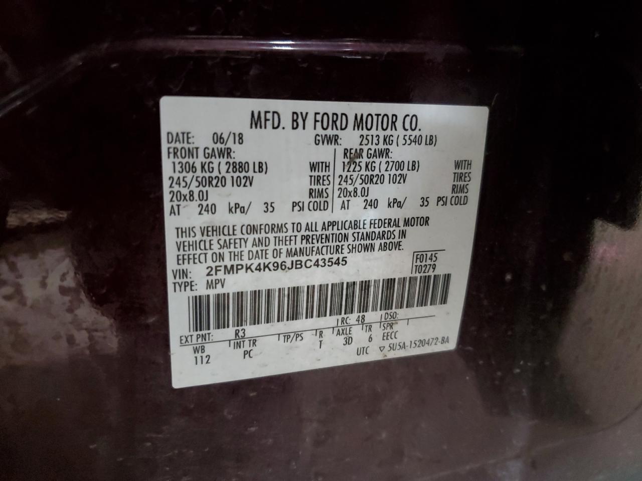 2FMPK4K96JBC43545 2018 Ford Edge Titanium