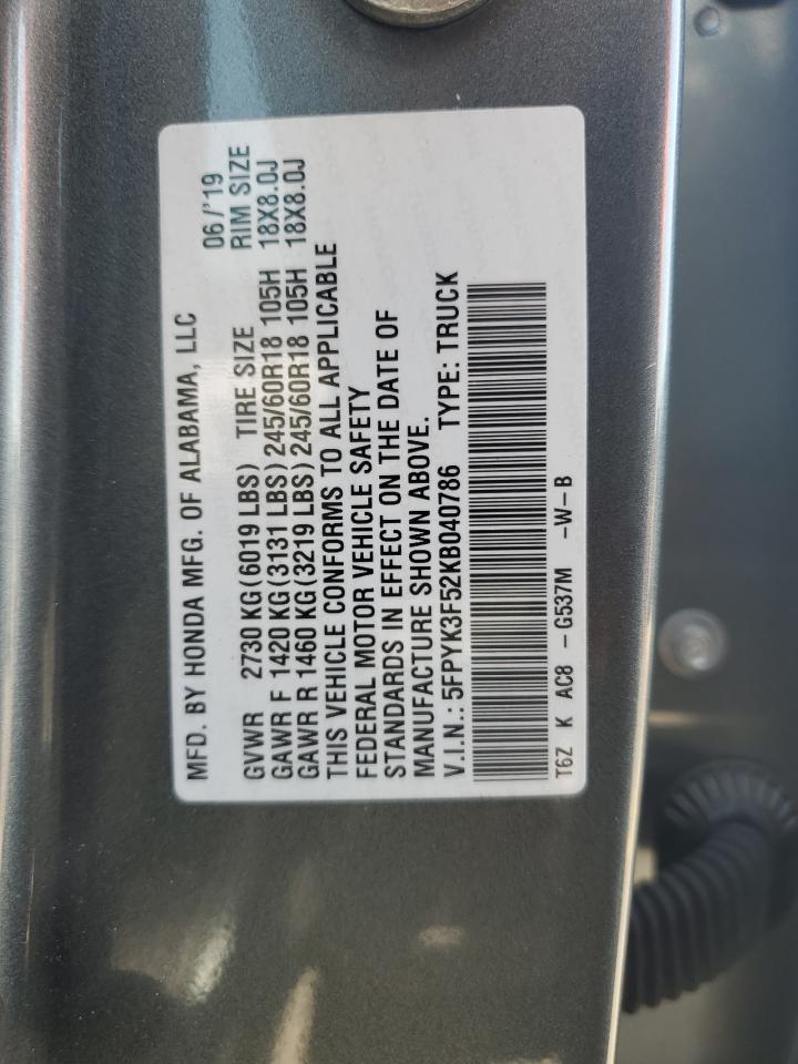 5FPYK3F52KB040786 2019 Honda Ridgeline Rtl