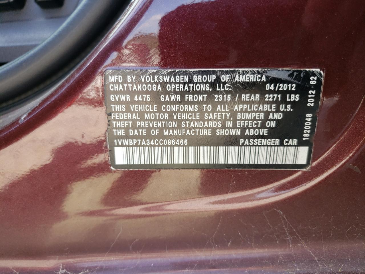 1VWBP7A34CC086466 2012 Volkswagen Passat Se