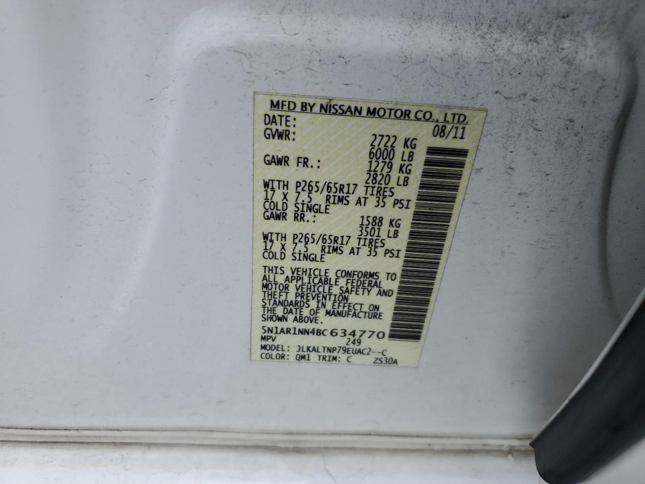 5N1AR1NN4BC634770 2011 Nissan Pathfinder S