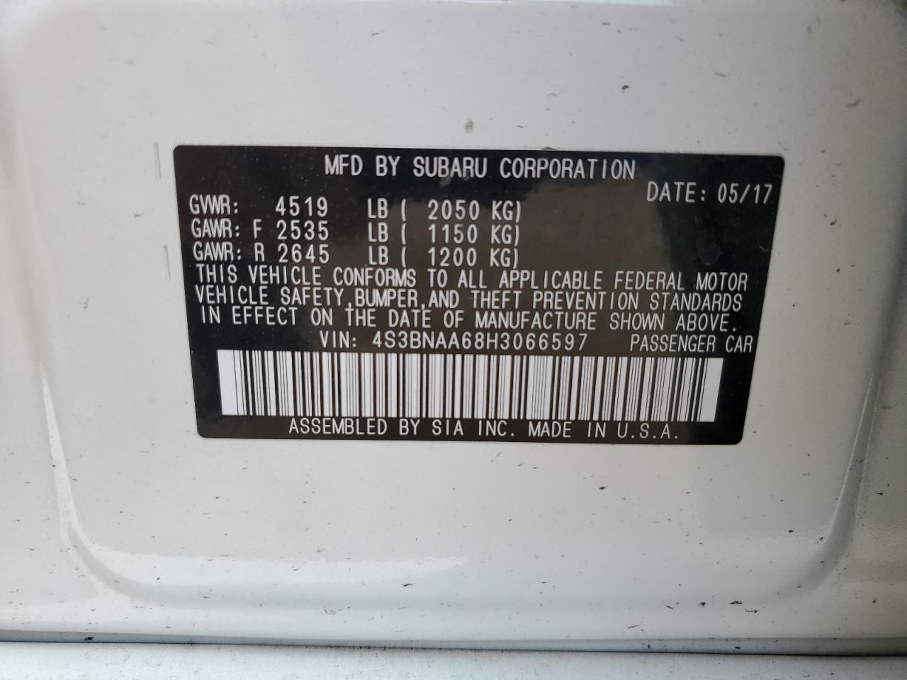 4S3BNAA68H3066597 2017 Subaru Legacy 2.5I