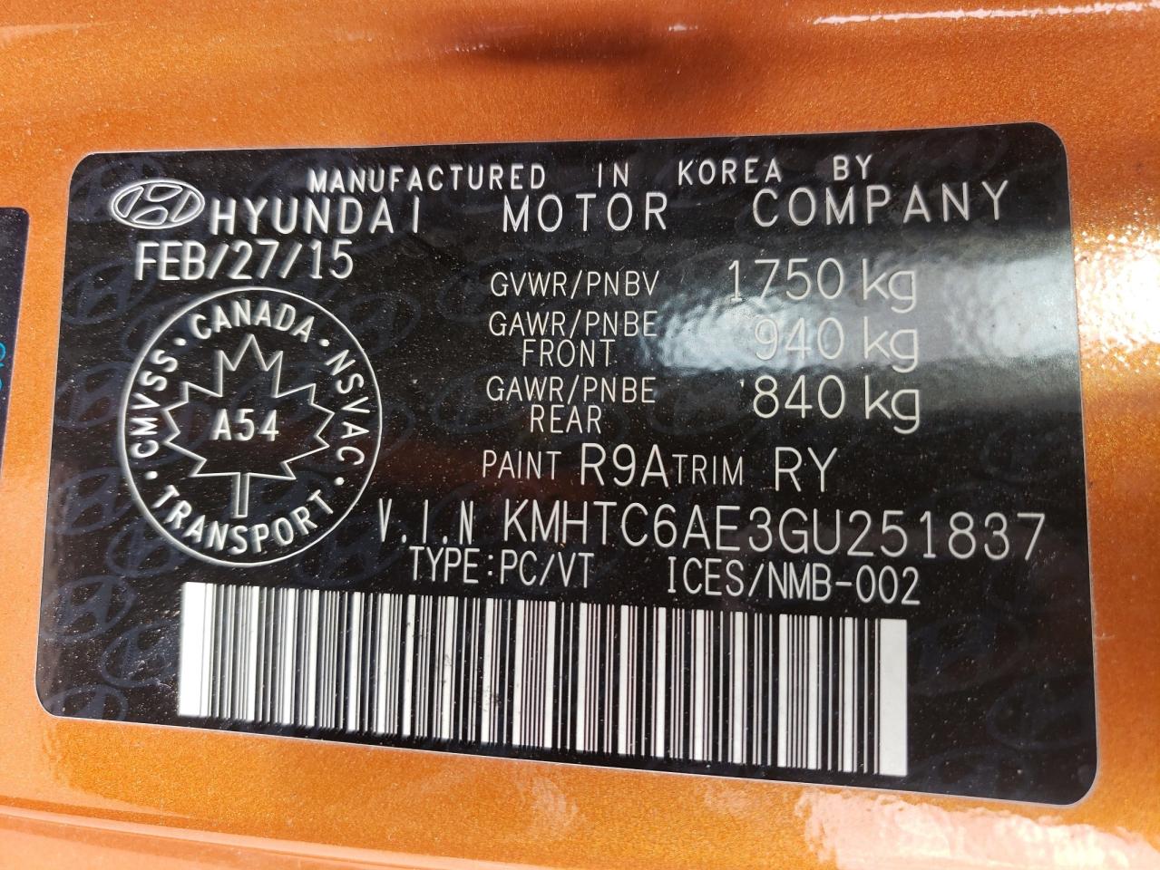 KMHTC6AE3GU251837 2016 Hyundai Veloster Turbo