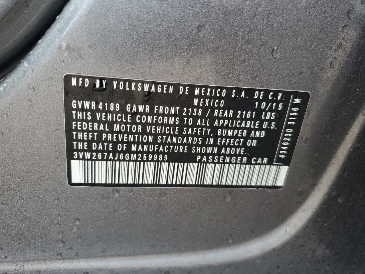 3VW267AJ6GM259989 2016 Volkswagen Jetta S