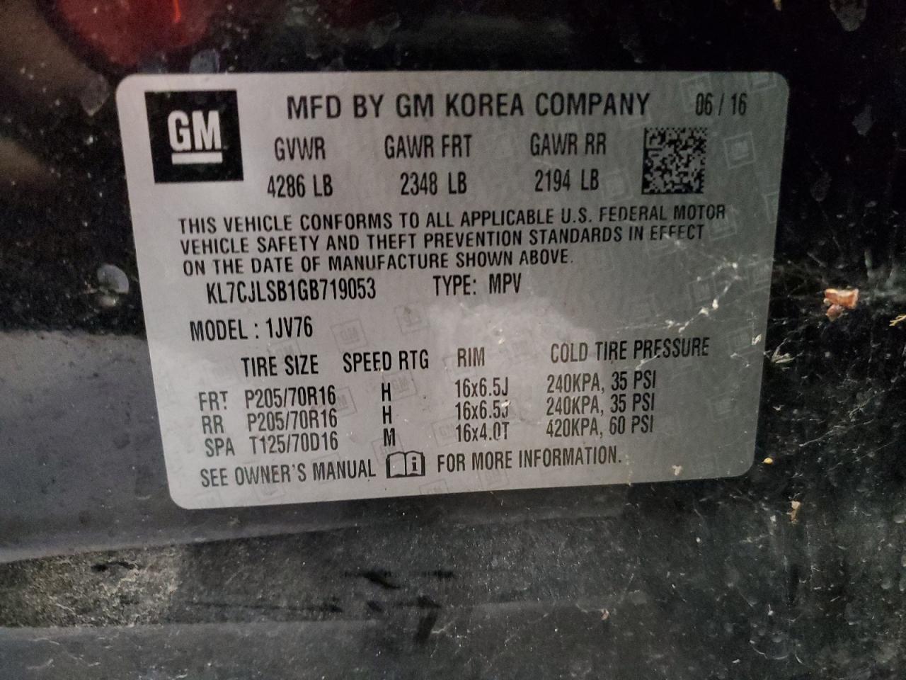 KL7CJLSB1GB719053 2016 Chevrolet Trax 1Lt