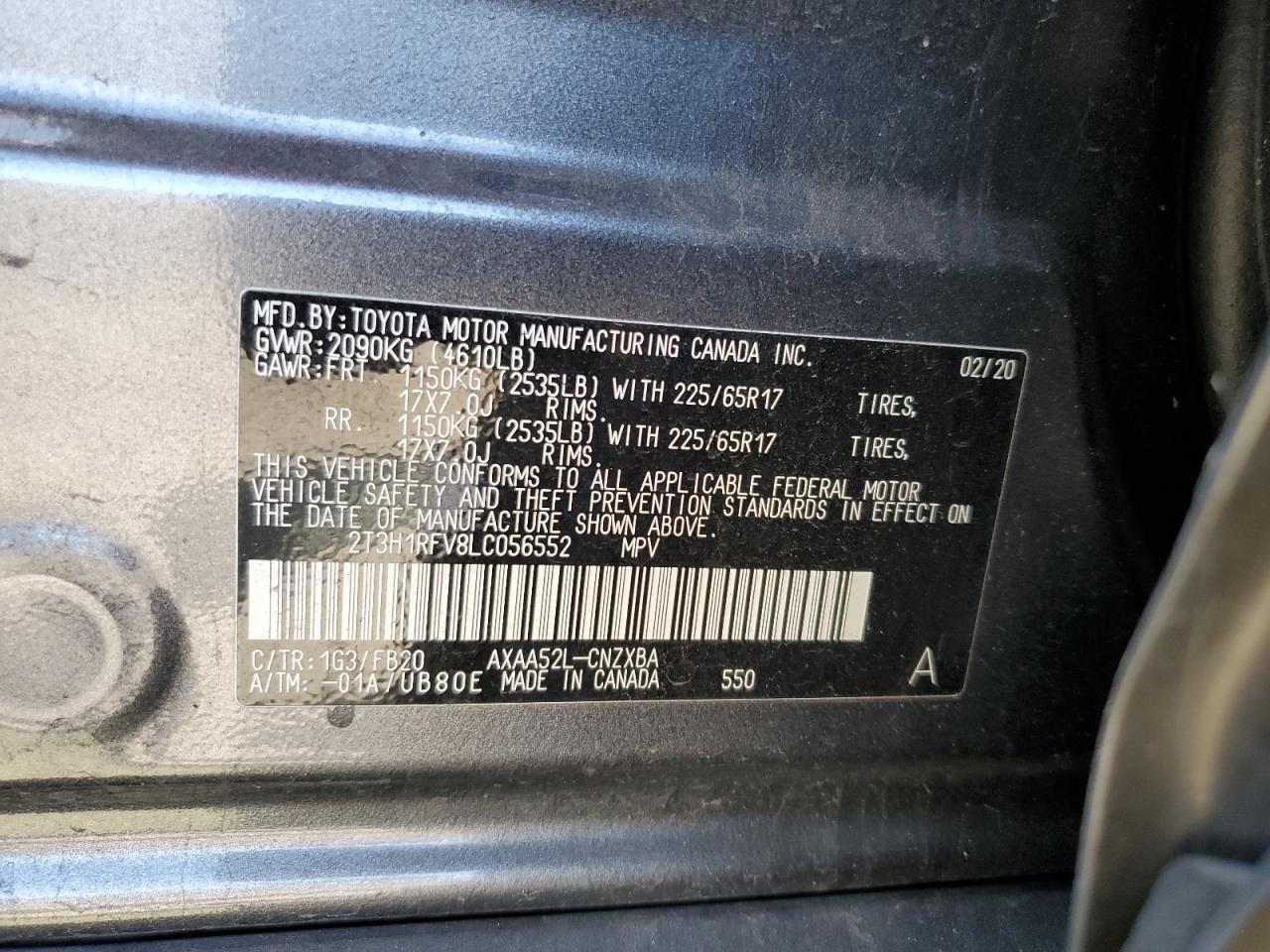 2T3H1RFV8LC056552 2020 Toyota Rav4 Le
