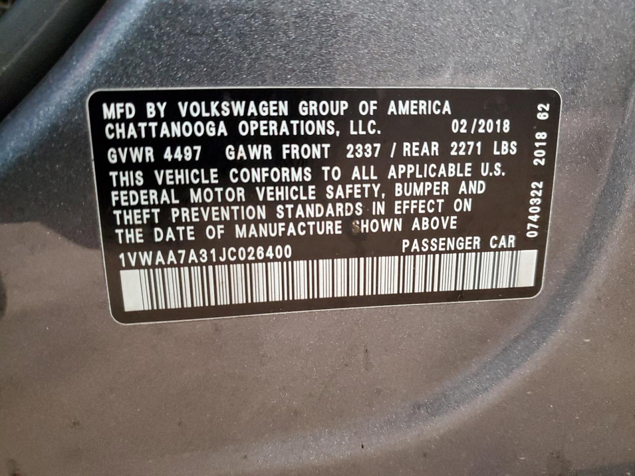 1VWAA7A31JC026400 2018 Volkswagen Passat S