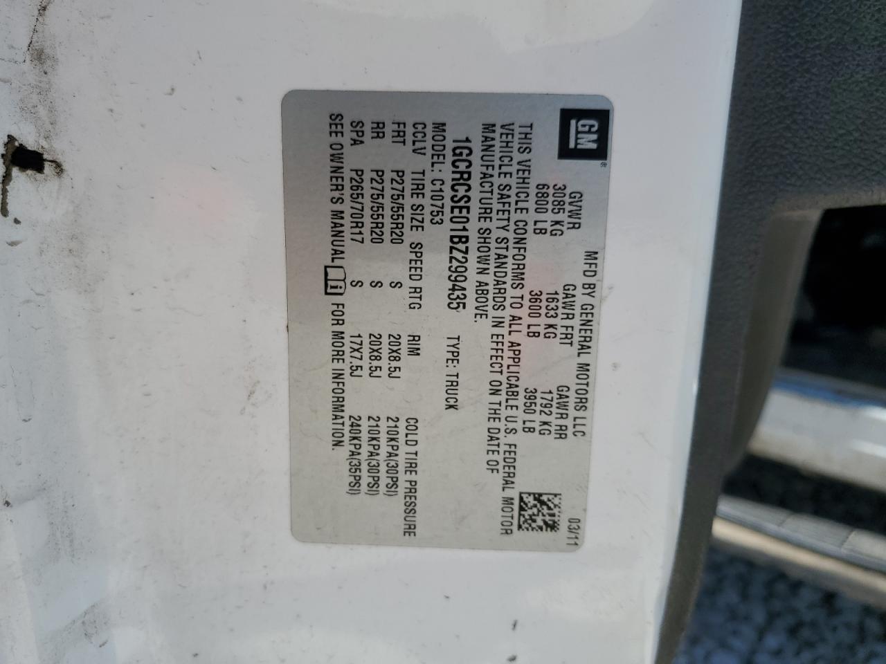 1GCRCSE01BZ299435 2011 Chevrolet Silverado C1500 Lt