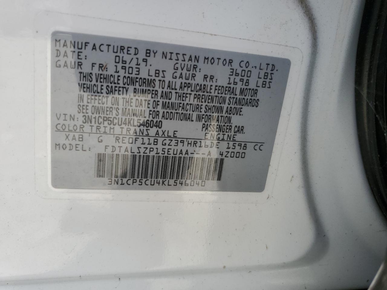 3N1CP5CU4KL546040 2019 Nissan Kicks S