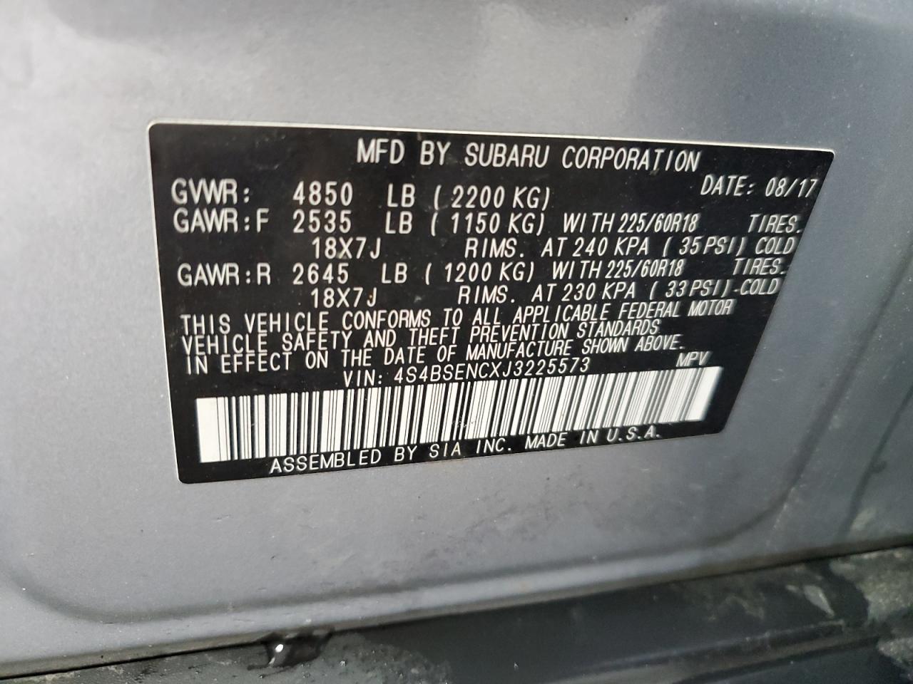 4S4BSENCXJ3225573 2018 Subaru Outback 3.6R Limited