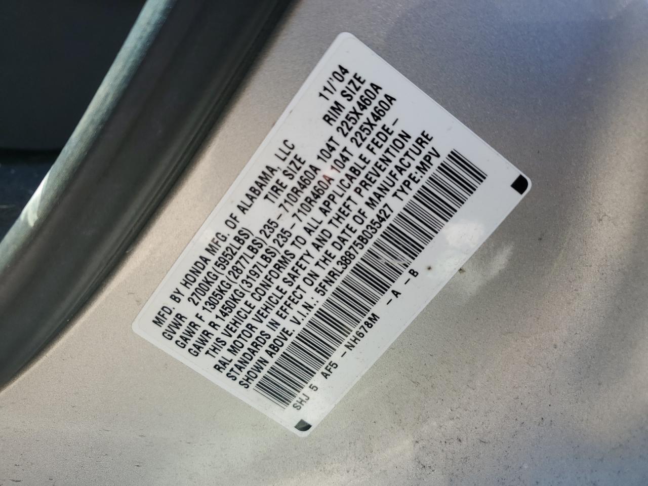 5FNRL38875B035427 2005 Honda Odyssey Touring