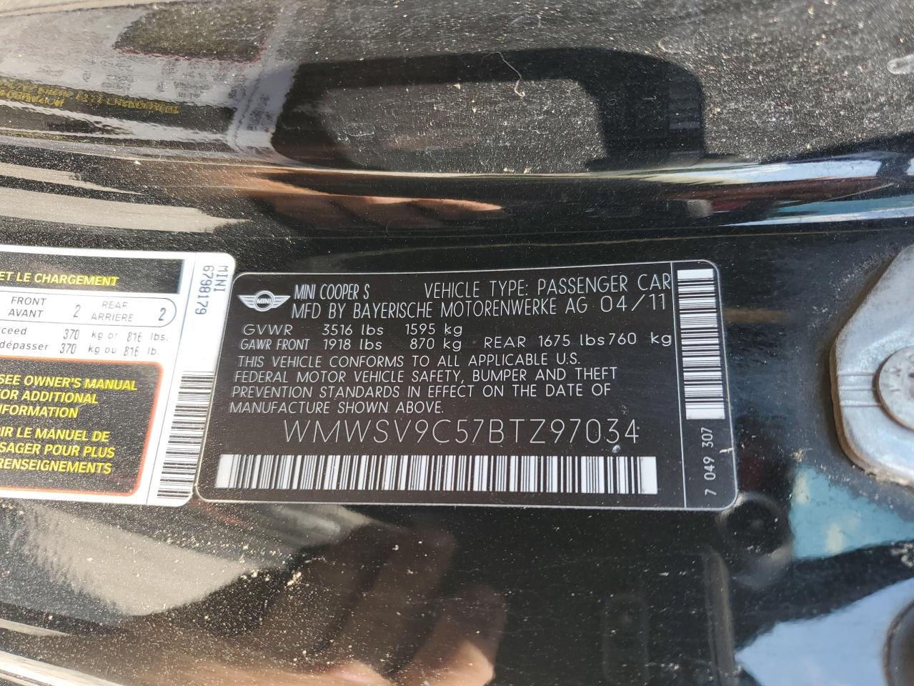 WMWSV9C57BTZ97034 2011 Mini Cooper John Cooper Works