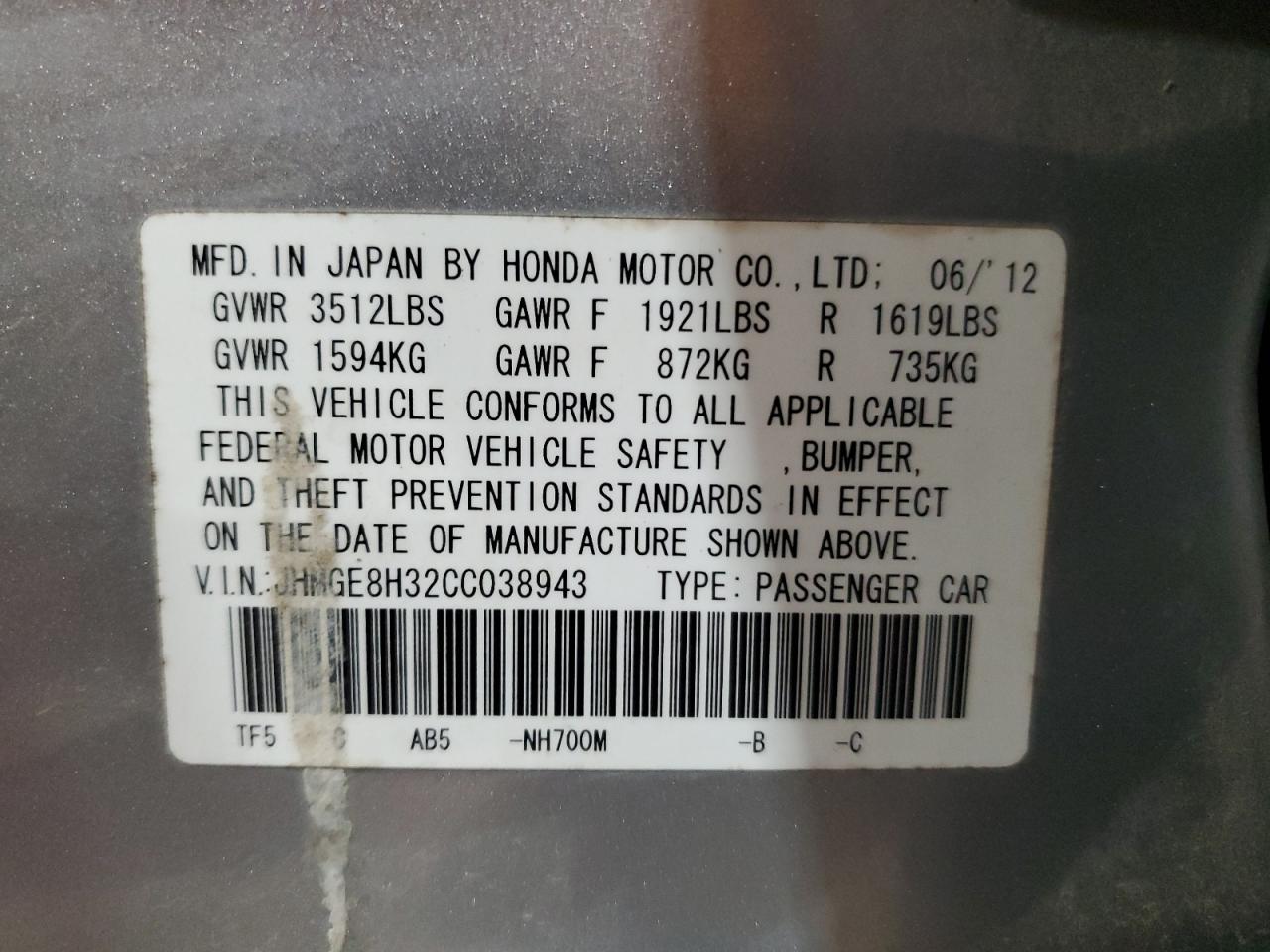 JHMGE8H32CC038943 2012 Honda Fit