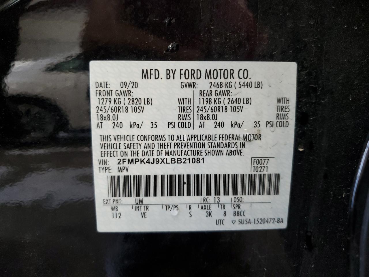 2FMPK4J9XLBB21081 2020 Ford Edge Sel