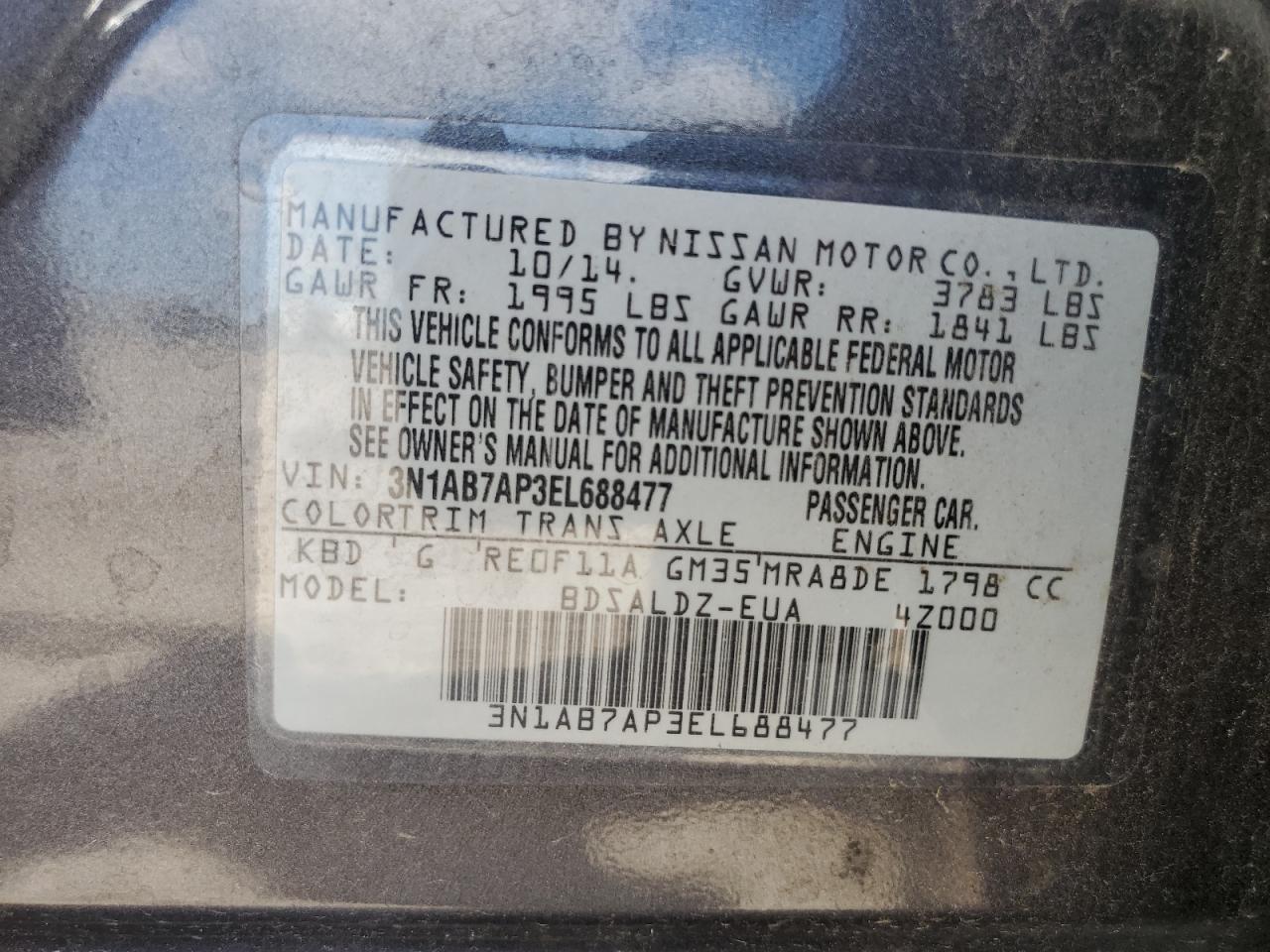 3N1AB7AP3EL688477 2014 Nissan Sentra S