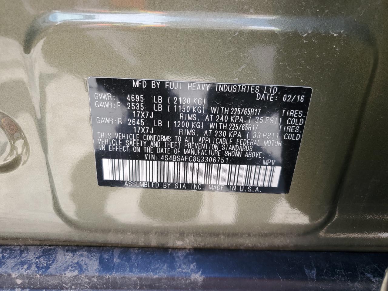 4S4BSAFC8G3306751 2016 Subaru Outback 2.5I Premium