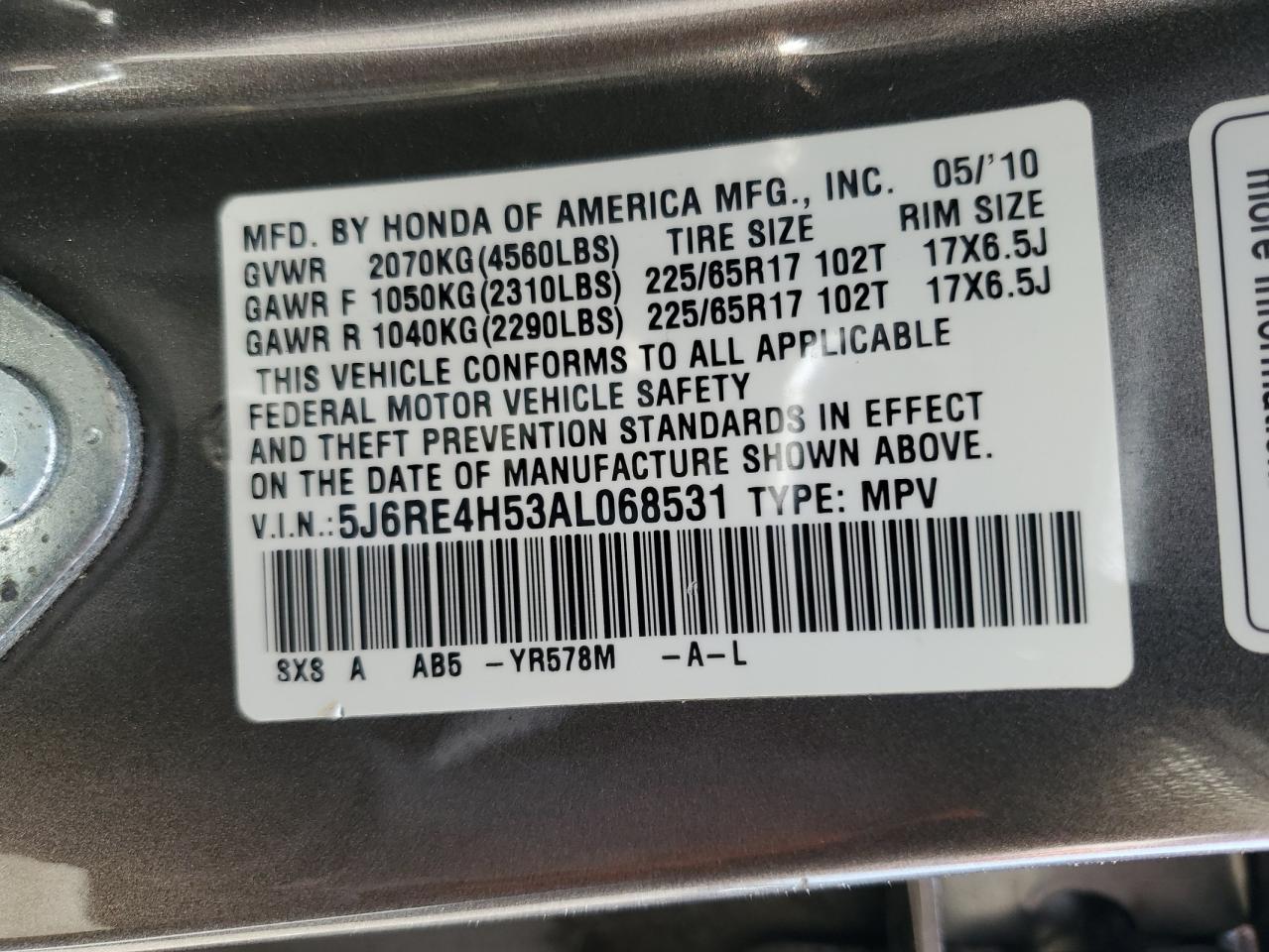 5J6RE4H53AL068531 2010 Honda Cr-V Ex