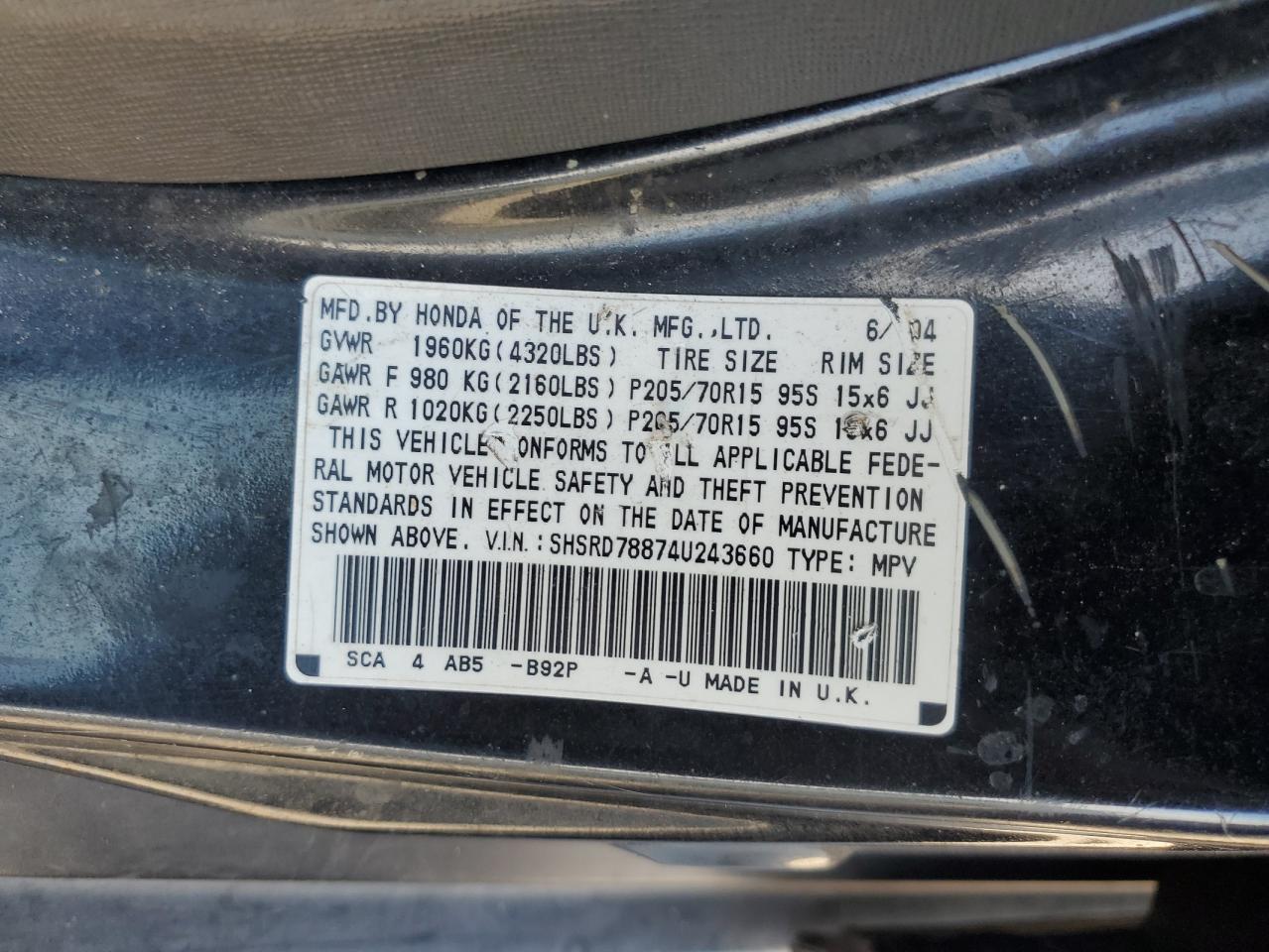 SHSRD78874U243660 2004 Honda Cr-V Ex