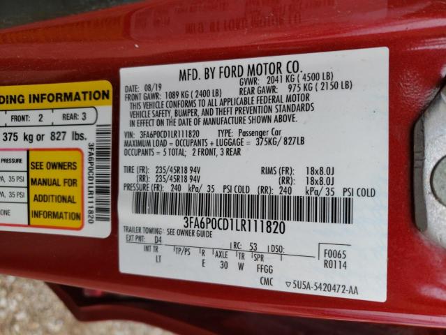 2020 Ford Fusion Sel VIN: 3FA6P0CD1LR111820 Lot: 59590994