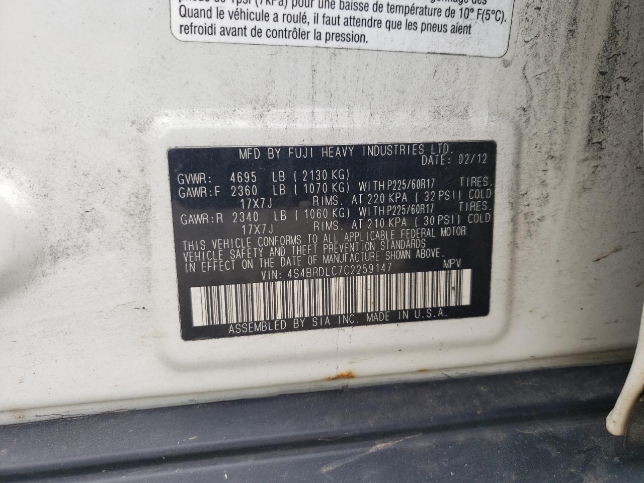 4S4BRDLC7C2259147 2012 Subaru Outback 3.6R Limited