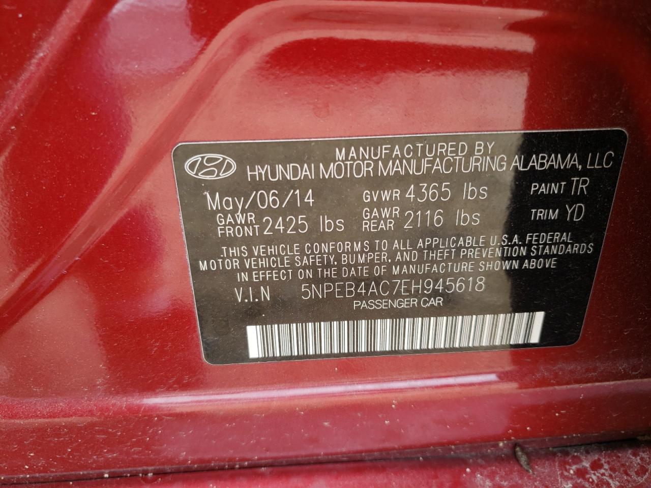 5NPEB4AC7EH945618 2014 Hyundai Sonata Gls