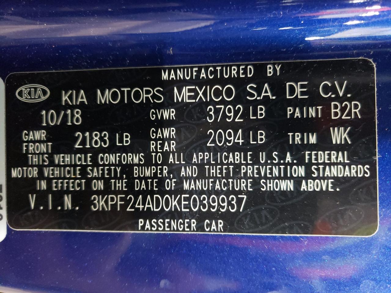 3KPF24AD0KE039937 2019 Kia Forte Fe