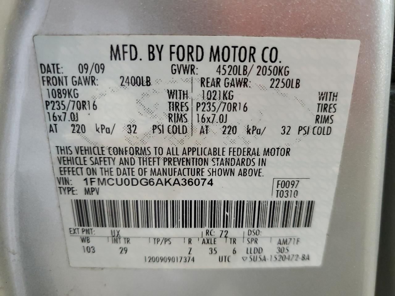 1FMCU0DG6AKA36074 2010 Ford Escape Xlt