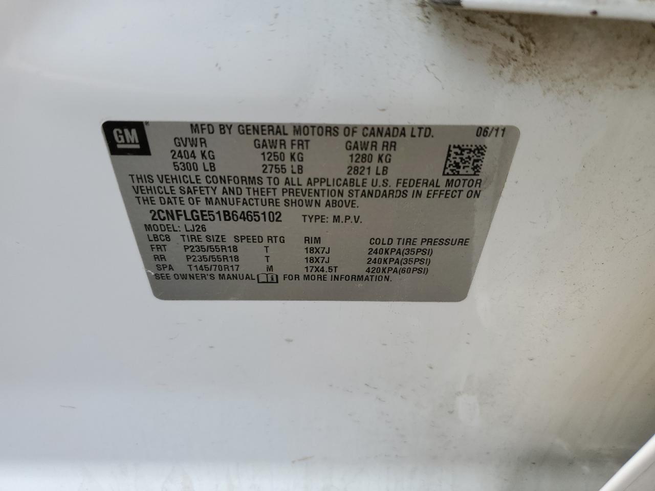 2CNFLGE51B6465102 2011 Chevrolet Equinox Ltz