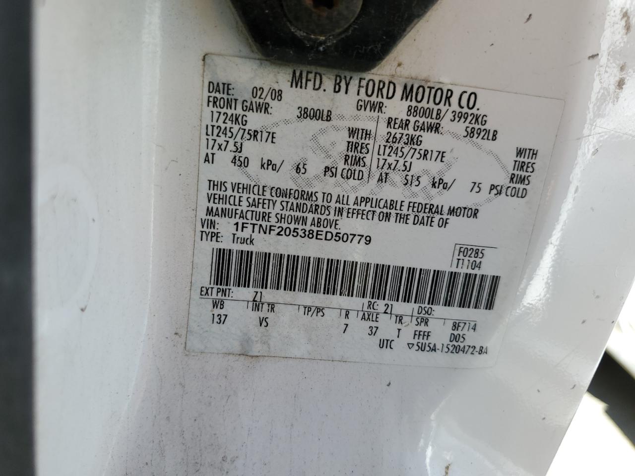 1FTNF20538ED50779 2008 Ford F250 Super Duty