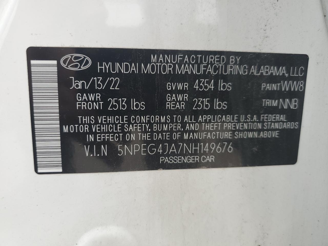 5NPEG4JA7NH149676 2022 Hyundai Sonata Se