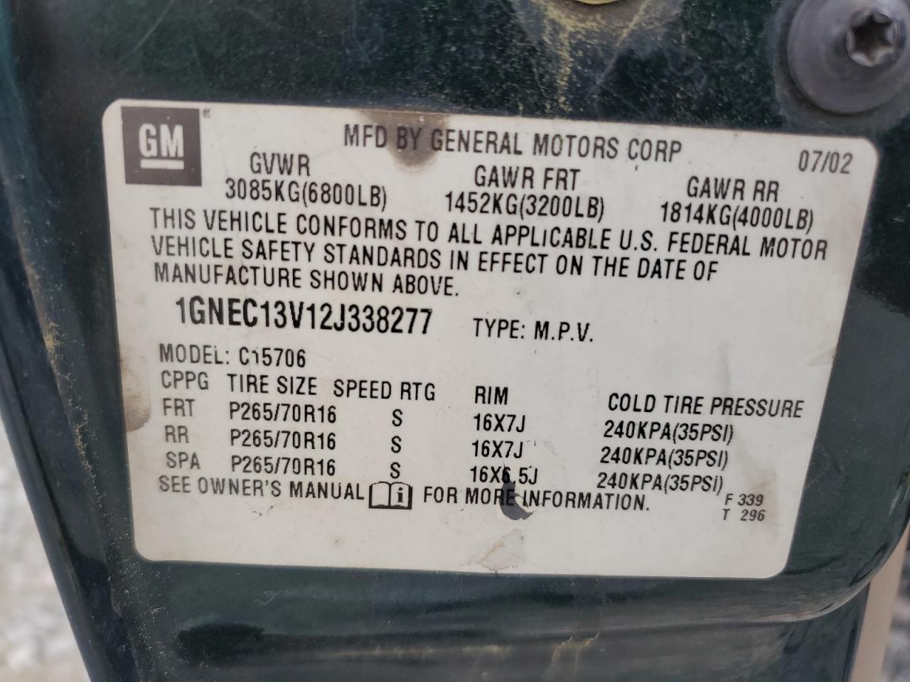 1GNEC13V12J338277 2002 Chevrolet Tahoe C1500