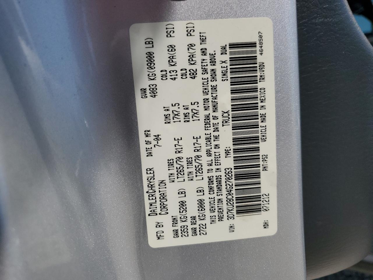 3D7KU28C04G270263 2004 Dodge Ram 2500 St