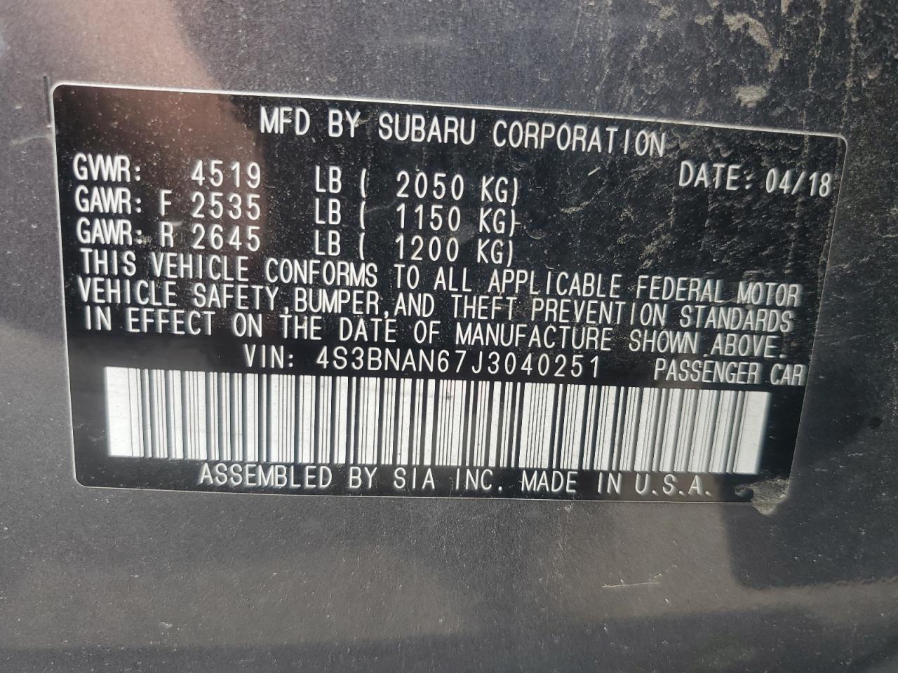 4S3BNAN67J3040251 2018 Subaru Legacy 2.5I Limited