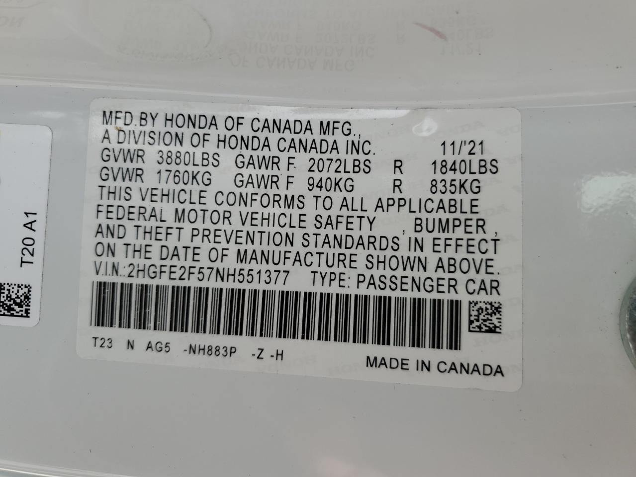 2HGFE2F57NH551377 2022 Honda Civic Sport 2HGFE2F57NH551377 2022 Honda Civic Sport