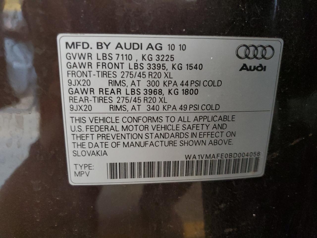 WA1VMAFE0BD004056 2011 Audi Q7 Prestige