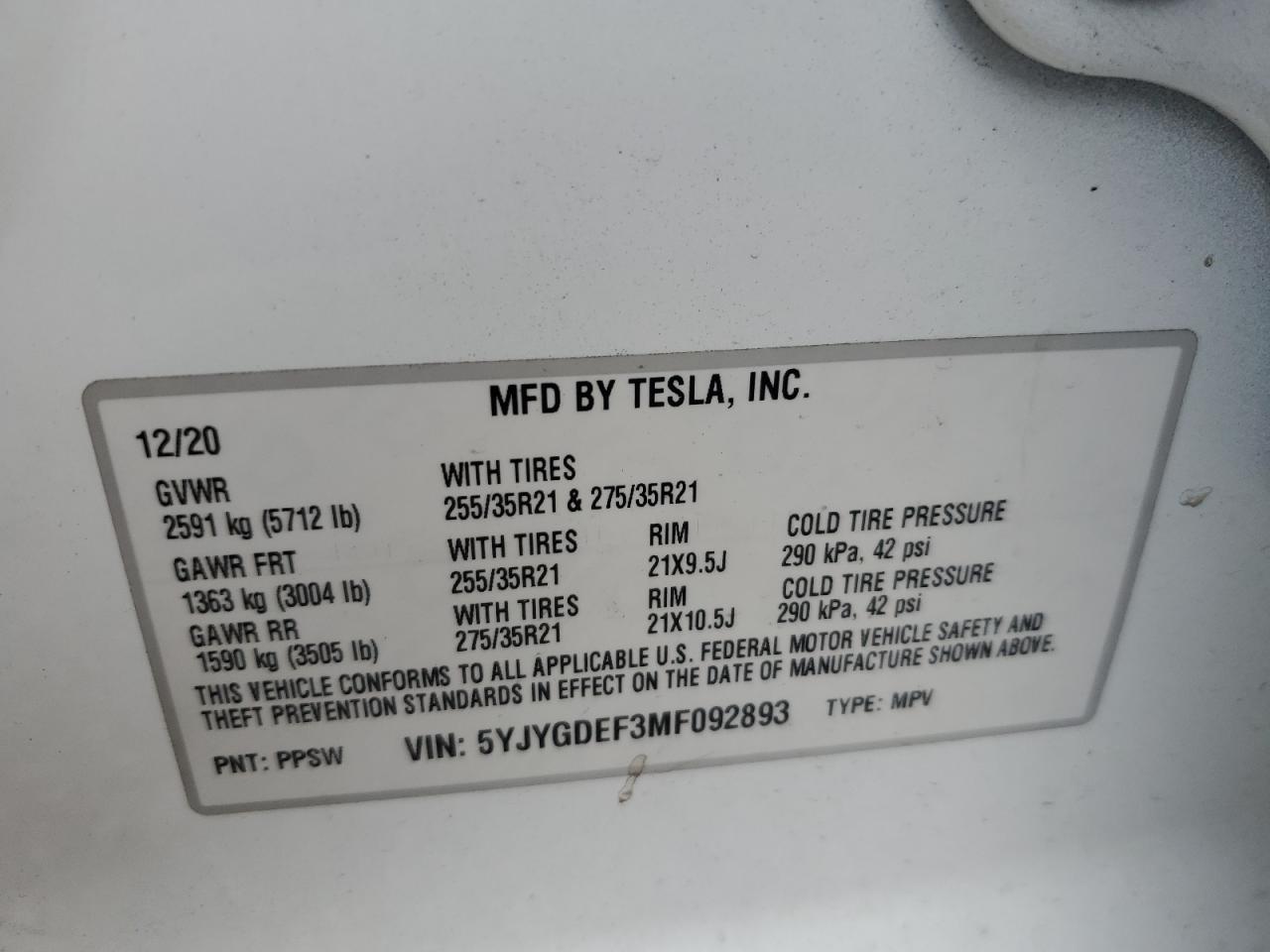 5YJYGDEF3MF092893 2021 Tesla Model Y