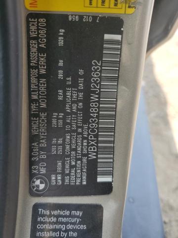 2008 BMW X3 3.0Si VIN: WBXPC93488WJ23632 Lot: 58688494