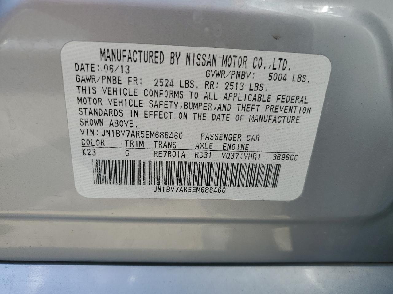 JN1BV7AR5EM686460 2014 Infiniti Q50 Base
