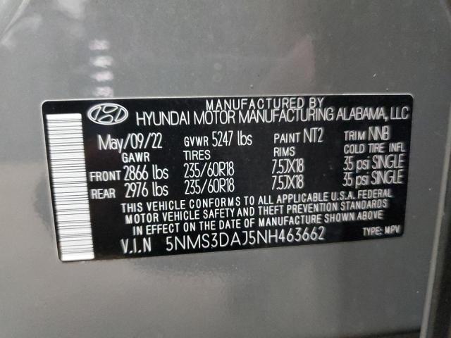 2022 Hyundai Santa Fe Sel VIN: 5NMS3DAJ5NH463662 Lot: 58983514