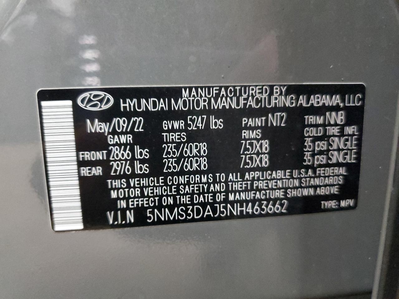 5NMS3DAJ5NH463662 2022 Hyundai Santa Fe Sel