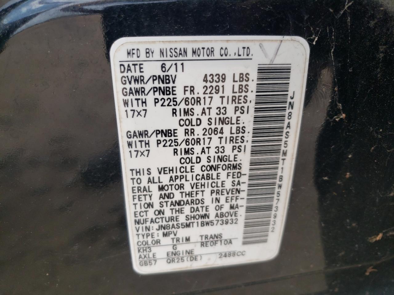 JN8AS5MT1BW573932 2011 Nissan Rogue S