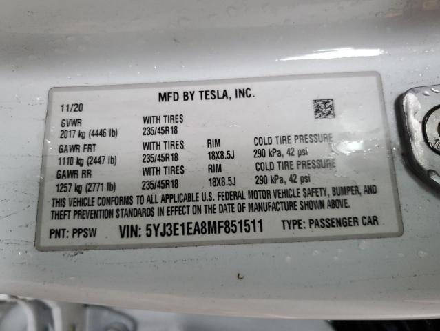 2021 Tesla Model 3 VIN: 5YJ3E1EA8MF851511 Lot: 56375444