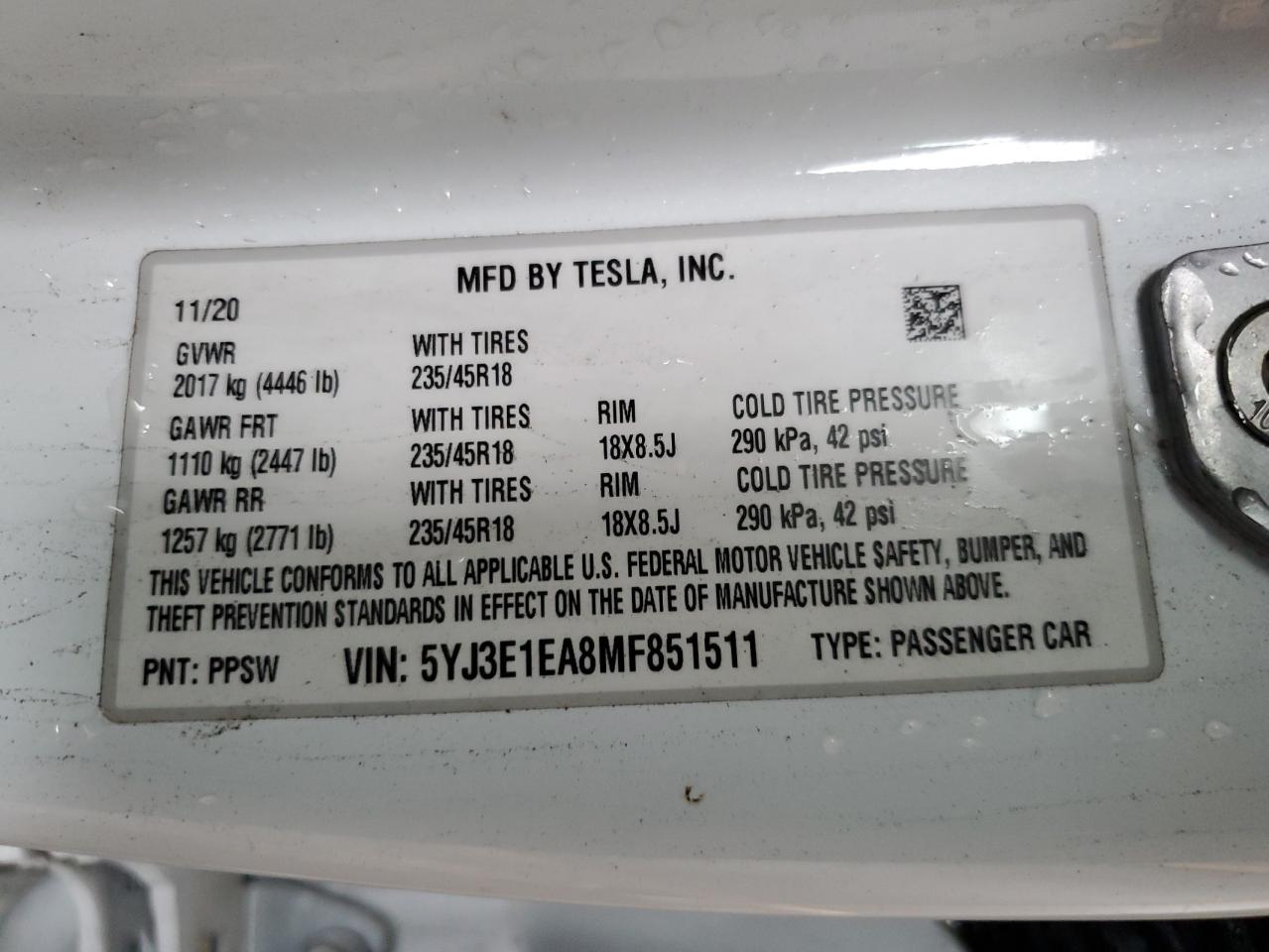 5YJ3E1EA8MF851511 2021 Tesla Model 3