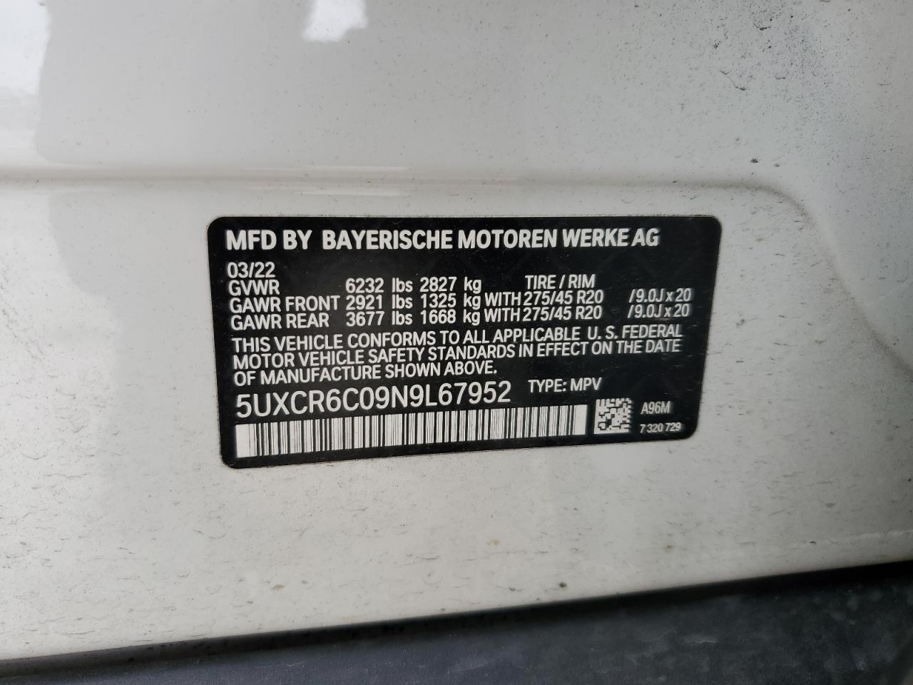 5UXCR6C09N9L67952 2022 BMW X5 xDrive40I