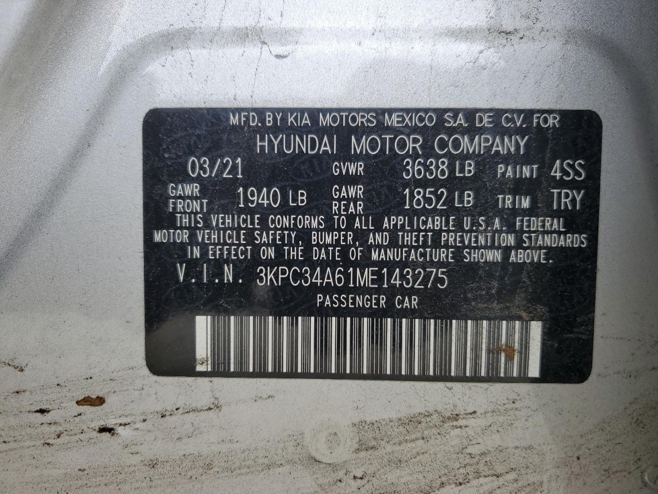 3KPC34A61ME143275 2021 Hyundai Accent Limited