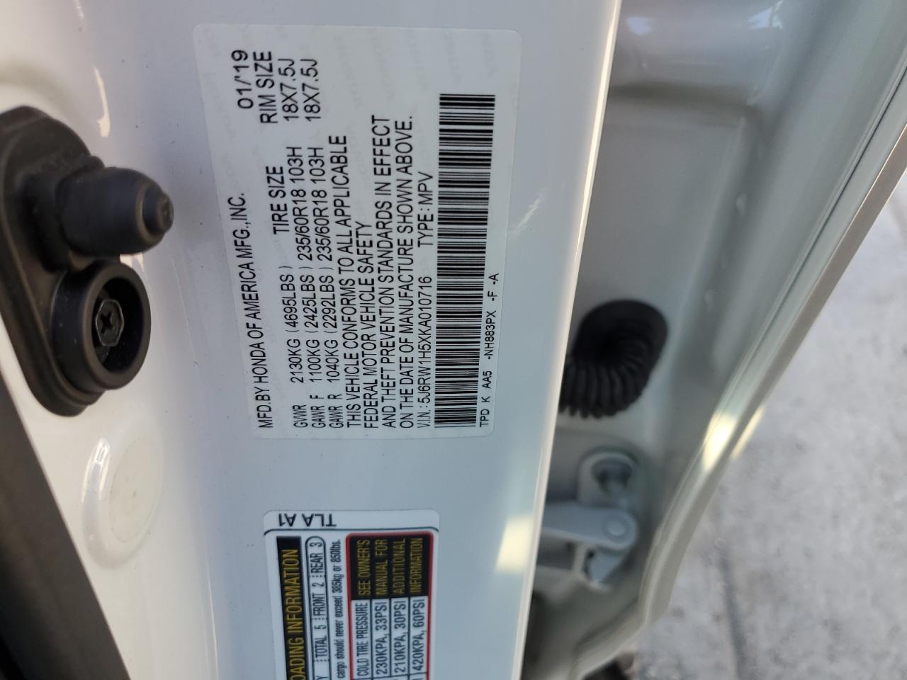 5J6RW1H5XKA010716 2019 Honda Cr-V Ex